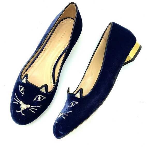 Charlotte Olympia Shoes - Charlotte Olympia Kitty Cat Navy Blue Velvet Flats Loafers Gold, EU 39 US 8.5-9